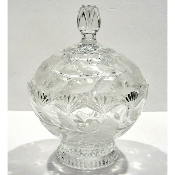 VTG Crystal CANDY DISH Box + Lid Rests Inside Fan Scalloped Edges Rose Cut Glass - Picture 1 of 6